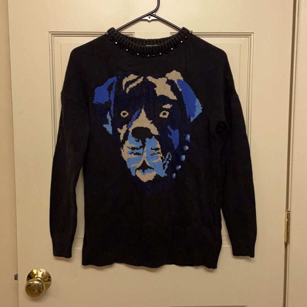 Studded neck dog print black sweater